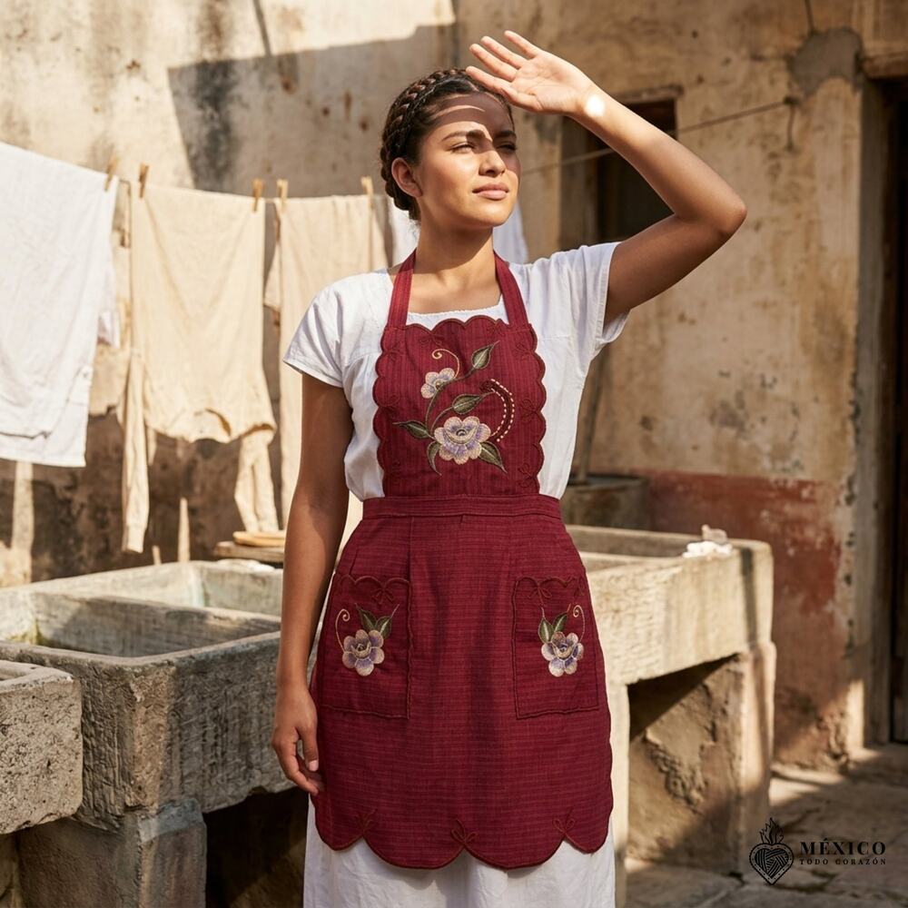 Mexican Embroidered Bib Apron for Women – Multicolor with Floral Design
